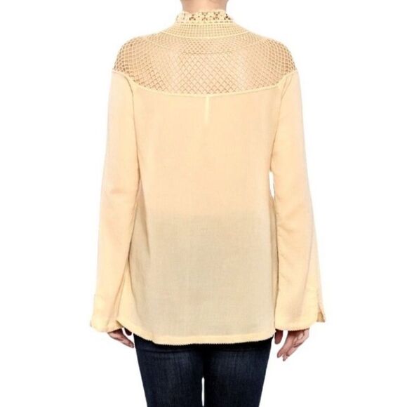 fp S Pale Yellow On The Island Crochet Yoke High Neck Sheer Mesh Bell Sleeve Top - Picture 2 of 14